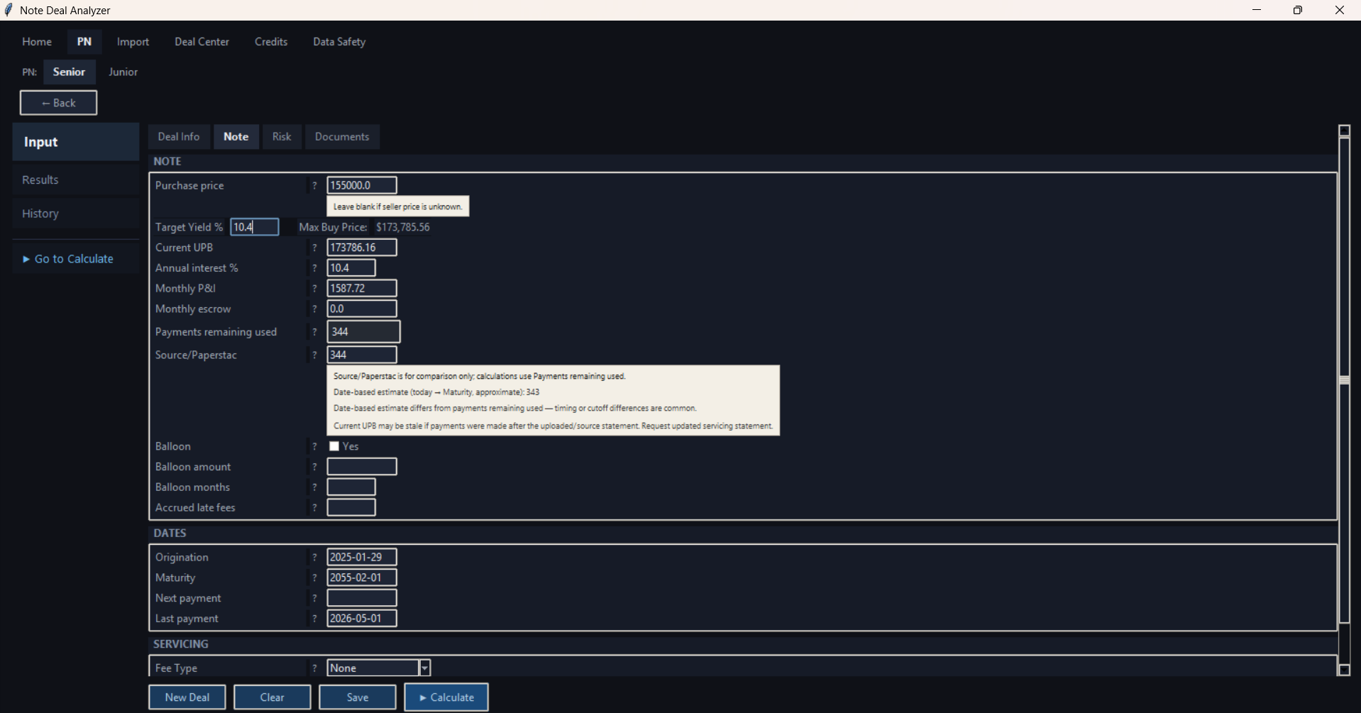 PN Input screen showing the Note tab