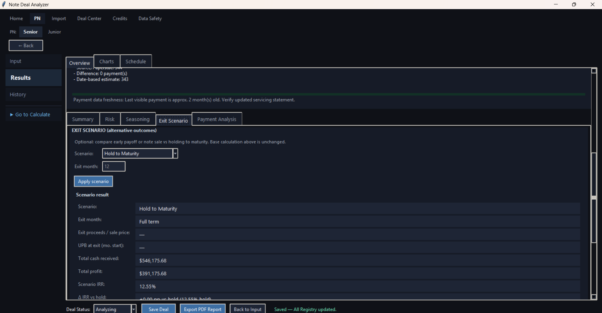 Results screen showing payment analysis scenario options