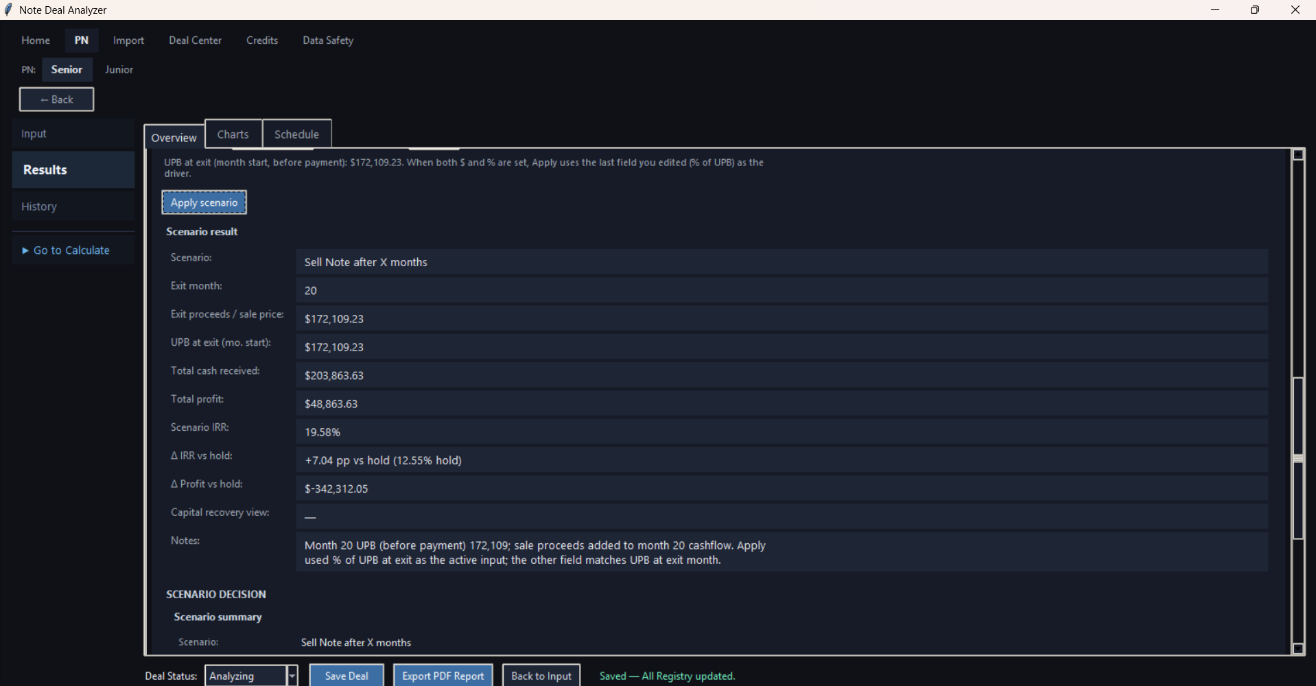 Results screen showing payment history detail